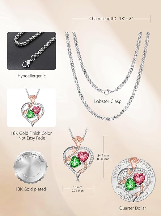 Christmas Gifts for Women Rose Heart Birthstone Pendant Necklace I Love You Forever Jewelry Valentine Mothers Day Birthday Gifts for Women Her Wife Girlfriend