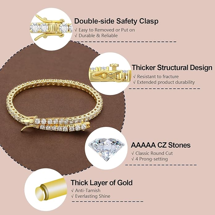 KRKC Tennis Bracelet for Women 14K White Gold Plated, AAAAA+ Classic Cubic Zirconia Bracelet with 2mm-5mm Width, Durable Gold Bracelets Jewelry Christmas Gift, Size 6.5-8 Inches Hypoallergenic