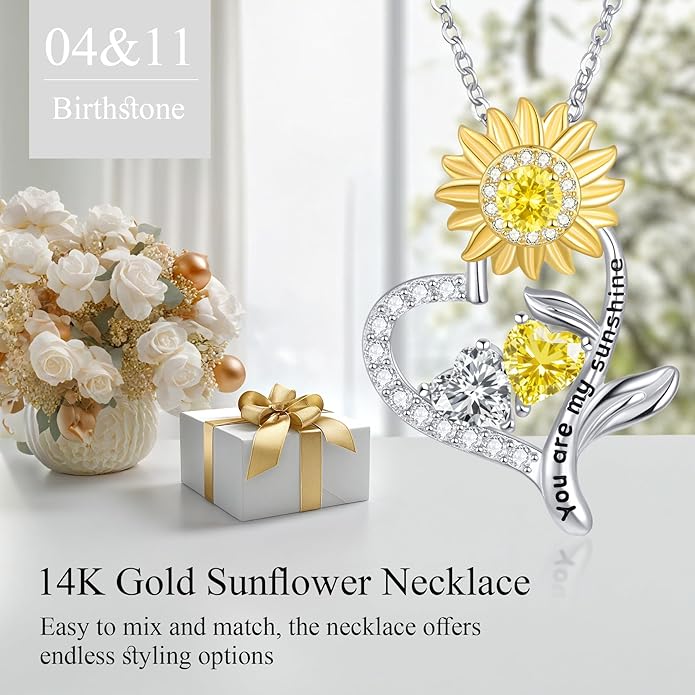 PERJI Valentine's Day Gifts for Women - 925 Sterling Silver Double Birthstone Sunflower Necklace, Anniversary Birthday Jewelry You are My Sunshine Gifts for Wife Couple Girlfriend 18"+2" Non Tarnish