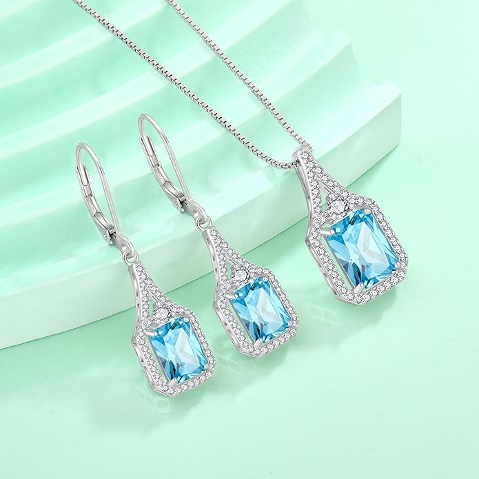 Emerald Cut Dangle Drop Earrings 925 Sterling Silver Halo Rectangular Leverback Earrings Birthstone Jewelry for Women