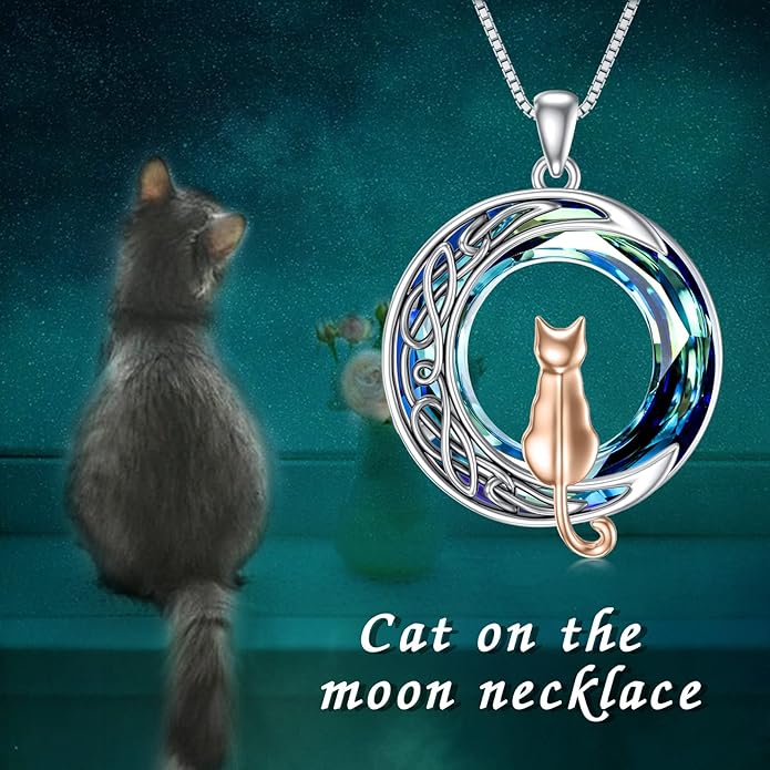 TOUPOP Christmas Cat Gifts for Cats Lovers One Two Three Four Cats Necklace Sterling Silver Cats on the Moon Pendant Necklace with Blue Circle Crystal Birthday Christmas Celtic Jewelry Gifts for Women