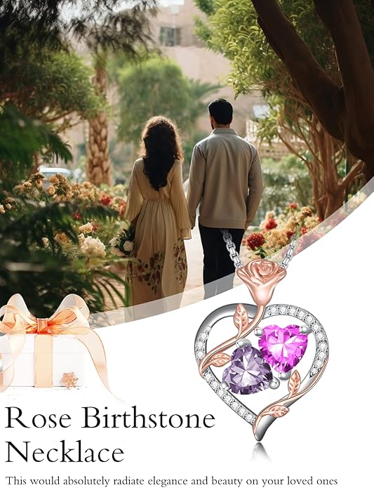 Christmas Gifts for Women Rose Heart Birthstone Pendant Necklace I Love You Forever Jewelry Valentine Mothers Day Birthday Gifts for Women Her Wife Girlfriend