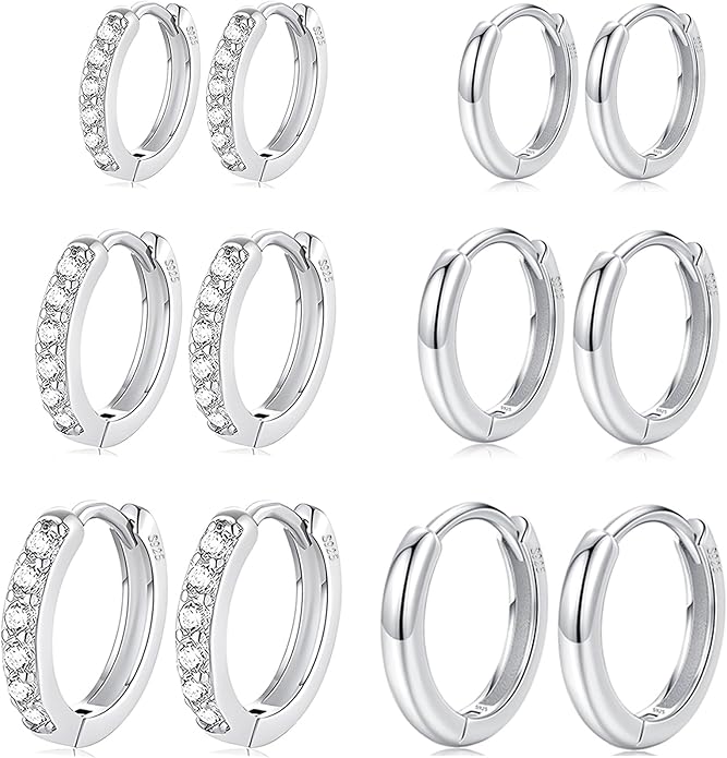 Cocadant 6 Pairs 925 Sterling Silver Small Hoop Earrings for Women,14k Real Gold Hypoallergenic Tiny Cubic Zirconia Cartilage Huggie Earring Sets for Multiple Piercing Trendy Jewelry 8/10/12mm