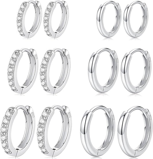 Cocadant 6 Pairs 925 Sterling Silver Small Hoop Earrings for Women,14k Real Gold Hypoallergenic Tiny Cubic Zirconia Cartilage Huggie Earring Sets for Multiple Piercing Trendy Jewelry 8/10/12mm
