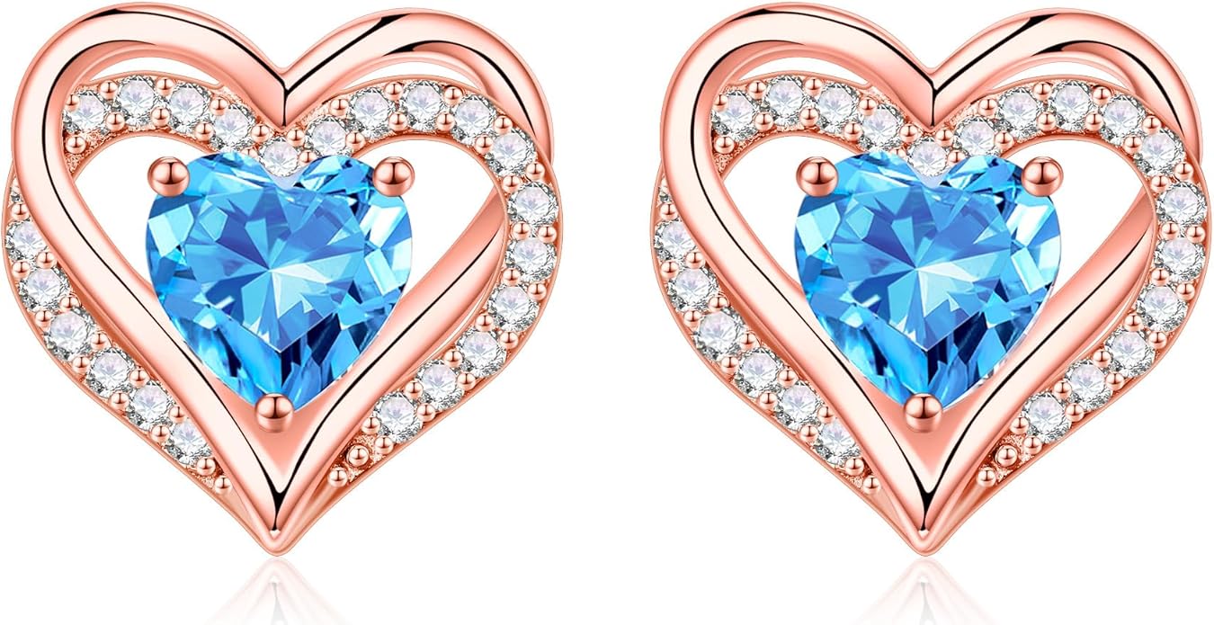 Iefil Birthstone Earrings for Women, 925 Sterling Silver Heart Stud Earrings Birthday Gifts for Women
