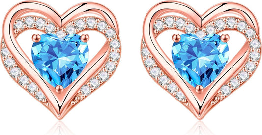 Iefil Birthstone Earrings for Women, 925 Sterling Silver Heart Stud Earrings Birthday Gifts for Women