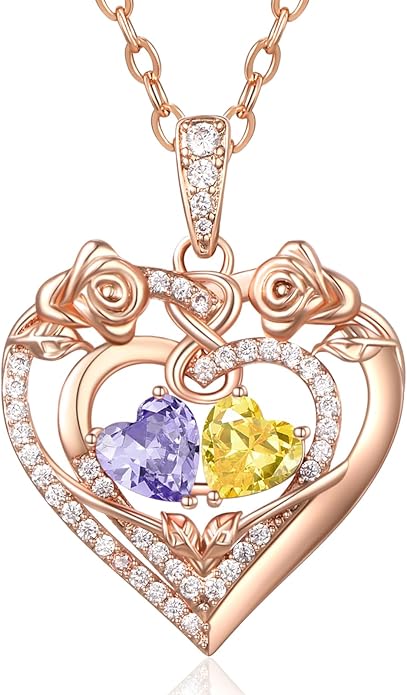 JIYVY32 Rose Heart Necklace for Women Exquisite 925 Sterling Silver Anniversary Birthday Gifts for Wife Mom Her Double Birthstone Pendant Jewelry