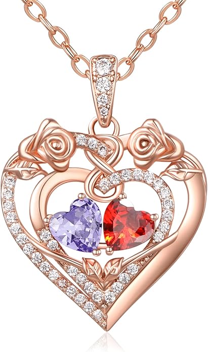 JIYVY32 Rose Heart Necklace for Women Exquisite 925 Sterling Silver Anniversary Birthday Gifts for Wife Mom Her Double Birthstone Pendant Jewelry