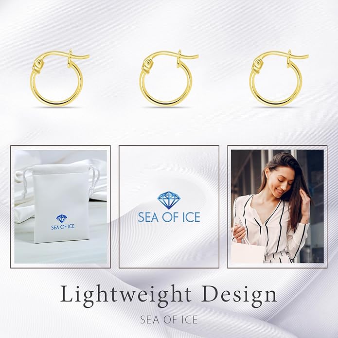 SEA OF ICE 925 Sterling Silver Hoop Earrings for Women - Hypoallergenic Earrings for Women in Sterling Silver, Yellow Gold, Rose Gold or Black Rhodium | Sizes 12MM, 15MM, 20MM or Multipack