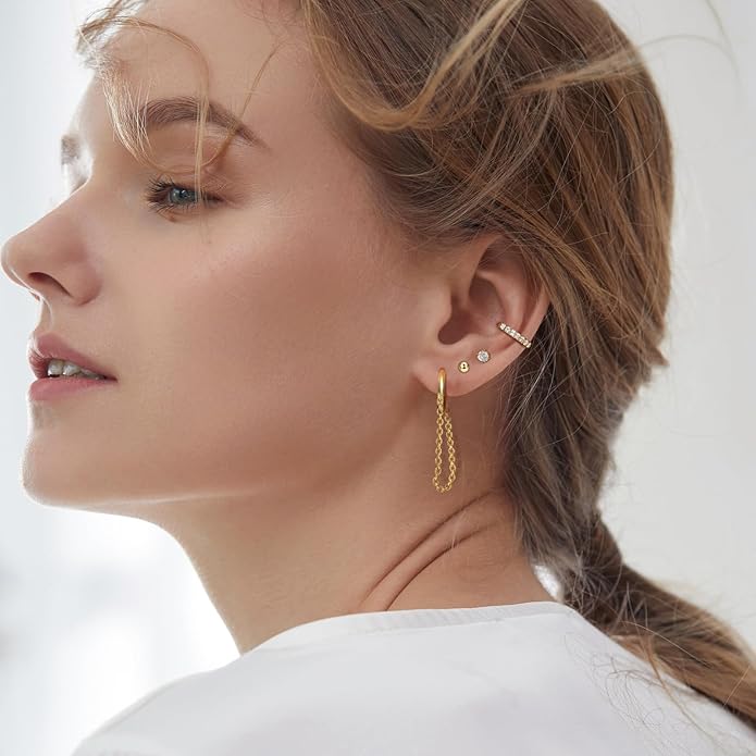 Gold Hoop Earrings for Women - 4 Pairs 14K Gold Plated Dainty Huggie Stacks Set for Multiple Piercing, Hypoallergenic Cartilage Earrings CZ Trendy Fashion Jewelry