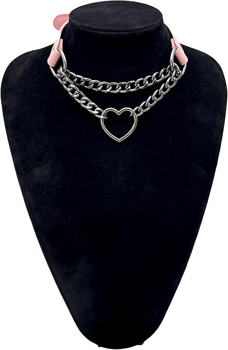 Black Leather Choker Collar For Women, Handmade Heart Slip Chain Choker Long Necklace with Adjustable Buckle