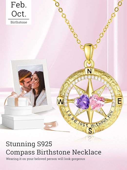 Zeuslia Double Birthstone Necklace Gifts for Wife - 925 Sterling Silver Sunflower/Rose/Crown Cross/Compass/Heart Pendant I Love You Necklace, Anniversary Birthday Gifts for Wife Girlfriend Mom Her