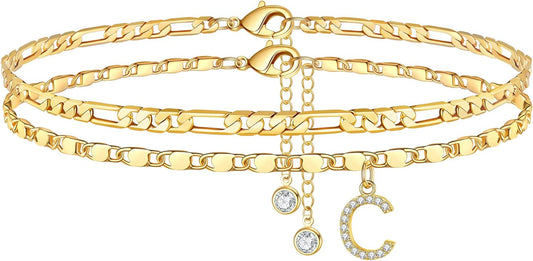 Ursteel Ankle Bracelets for Women, 14K-Gold-Plated Dainty Layered Chain CZ Initial Anklets Set Summer Jewelry Gifts for Women