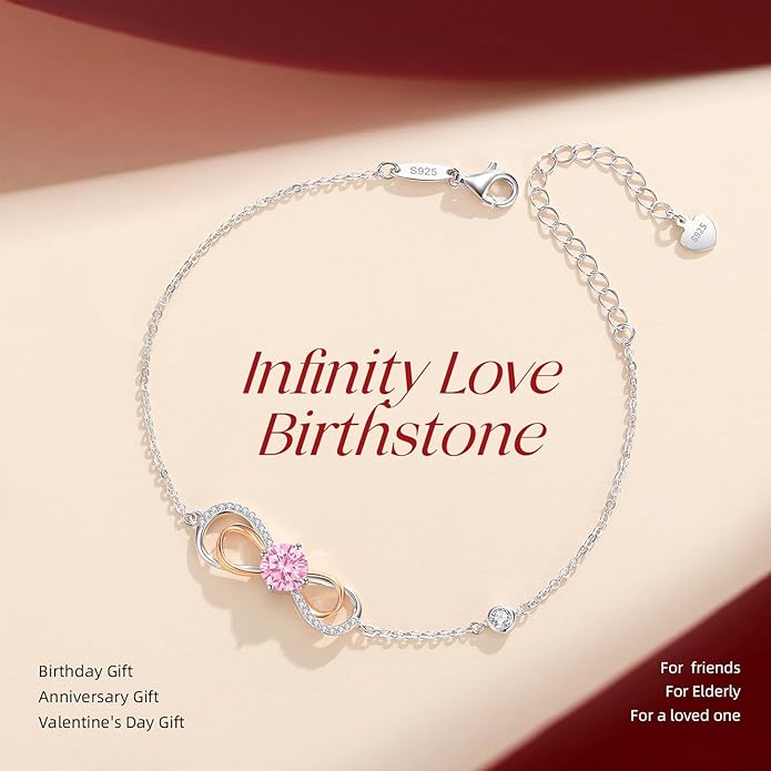 LOUISA SECRET Rose Gold Infinity Heart Bracelet for Women, Adjustable Chain 925 Sterling Silver Link Birthstone Bracelets, Best Anniversary Birthday Jewelry Gifts for Women Mom Wife Her