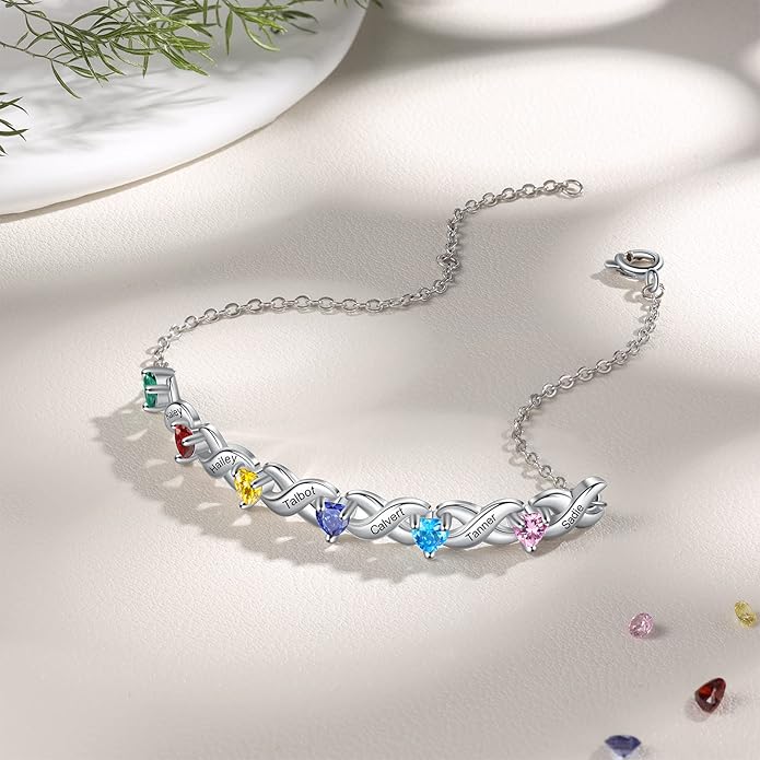 Personalized Custom Name Heart Bracelet with 1-6 Birthstone Bracelets for Women Engraved Family Names Link Bracelets for Mother's Day Mom Daughter