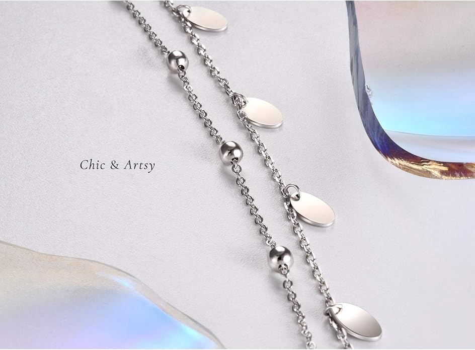 CHIC & ARTSY 925 Sterling Silver Ankle Bracelet Multilayer Anklets for Women Satellite, Star, Cross, Circle, Butterfly, Teardrop, Oval Disk Layered Anklet Beach Jewelry