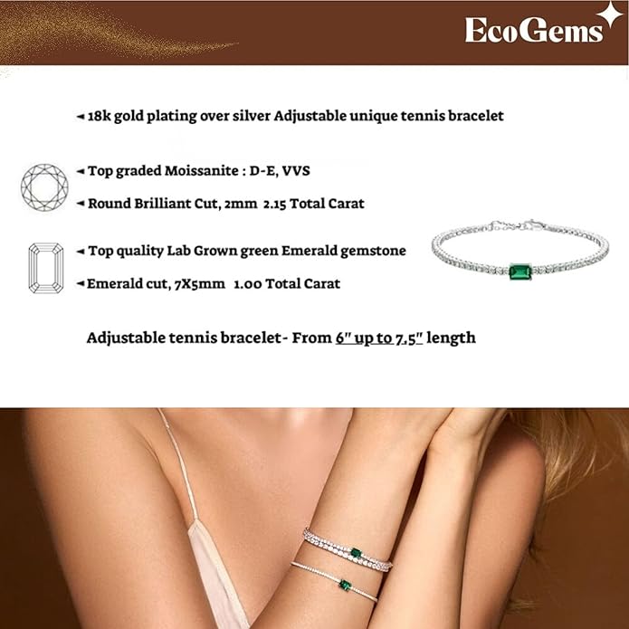 18K White/Yellow Gold Plated Silver Bracelet With Lab Grown Sapphire/Emerald/Ruby Surrounded With Lab Grown Diamond/Moissanite, Bracelet For Women Comes With Gift Box