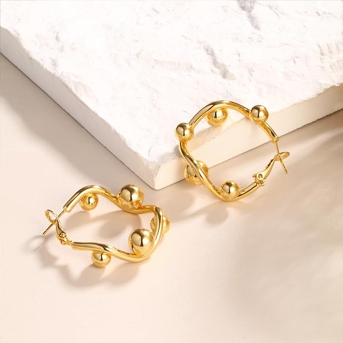 8YEARS Chunky Gold Hoop Earring for Women, 18K Gold Plated Lightweight Thick Hoops, Hypoallergenic Trendy Jewelry for Gift