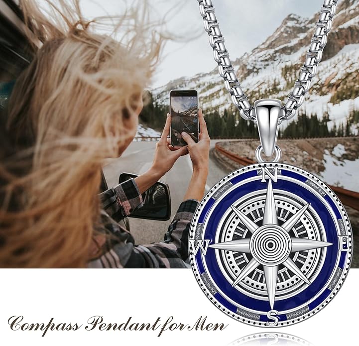 KINGWHYTE Compass Necklace for Men 925 Sterling Silver Birthday Gifts Graduation Travel Jewelry for Husband Brother with Stainless Steel Chain