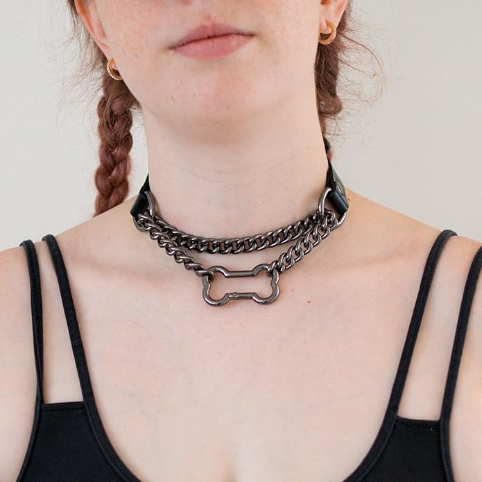 Black/Pink Leather Choker Collar For Women, Handmade Gothic Slip Chain Necklace with Bone Clasp