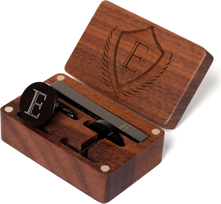 Mens Initial Cufflinks and Tie Clip A-Z Alphabet Letter Black Stainless Cuff Links Tie Bar with Engraved Walnut Wood Box Groom Groomsman Wedding Set
