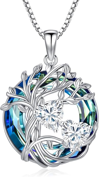 TOUPOP s925 Sterling Silver Family Celtic Tree of Life Pendant Necklaces with 2 Heart Birthstone with Blue Austrian Crystal Jewelry Birthday Anniversary Christmas Gifts for Her Wife Girlfriend Mom (18K Real White Gold Filled)