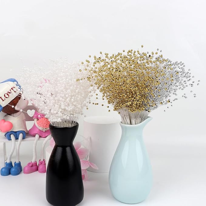 100 Pieces String Pearls Sticks, BetterJonny 3mm Beads String Creative Pearl Flower Stem Bead Sticks Pearl Beaded Stems DIY Floral Bead Strands for Party Decoration (Silver)