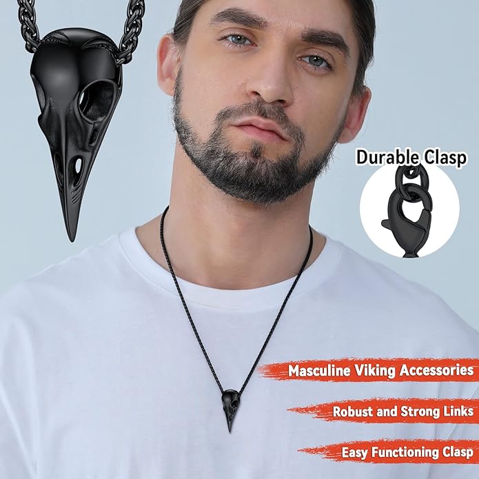 FaithHeart Viking Raven Necklace for Men, Norse Mythology Raven Skull Pendant Sturdy Stainless Steel Amulet Jewelry Gift for Men