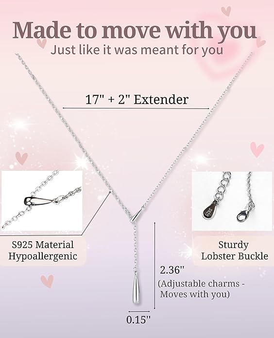 Dew-drop Lariat Y-Shaped Silver Necklace for Women, 925 Sterling Silver, Non Tarnish, Trendy, Simple Drop Dangle Charm Chain Jewelry Gift for Women