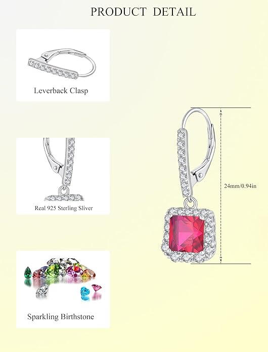 Square Dangle Drop Earrings Sterling Silver Halo Leverback Earrings Birthstone Jewelry for Women