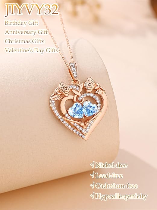JIYVY32 Rose Heart Necklace for Women Exquisite 925 Sterling Silver Anniversary Birthday Gifts for Wife Mom Her Double Birthstone Pendant Jewelry