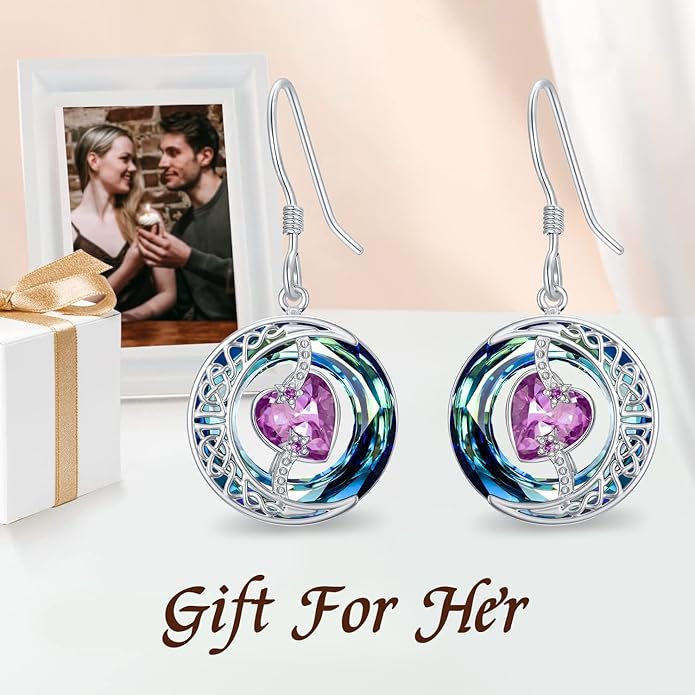 TOUPOP Birthstone Earrings for Women 925 Sterling Silver Moon and Star Dangle Earrings with Blue Crystal BirthdayJewelry Christmas Gifts for Women