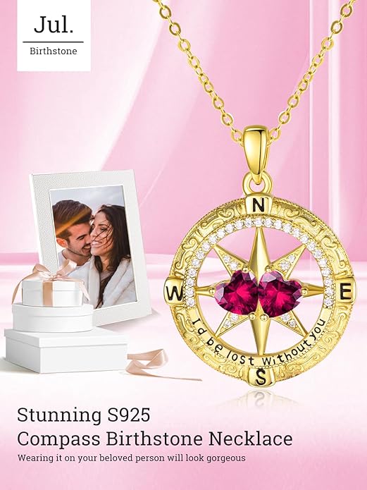 Zeuslia Double Birthstone Necklace Gifts for Wife - 925 Sterling Silver Sunflower/Rose/Crown Cross/Compass/Heart Pendant I Love You Necklace, Anniversary Birthday Gifts for Wife Girlfriend Mom Her