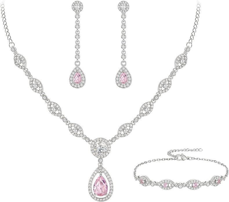 EVER FAITH Bridal Jewelry Set for Women, Stunning Teardrop Cubic Zirconia Birthstone Necklace Bracelet Earrings Sets Gift for Mothers Day/Valentines/Birthday/Christmas