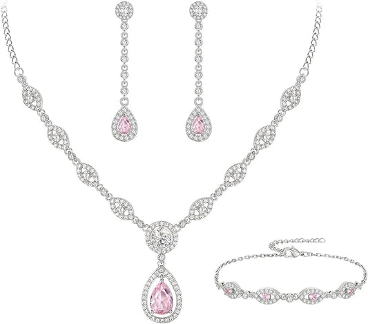 EVER FAITH Bridal Jewelry Set for Women, Stunning Teardrop Cubic Zirconia Birthstone Necklace Bracelet Earrings Sets Gift for Mothers Day/Valentines/Birthday/Christmas