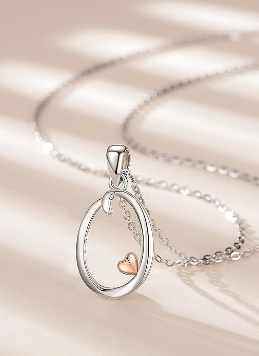 CELESTIA 925 Sterling Silver Initial Necklaces 26 Letter with Rose Gold Heart - 18 Inch Chain