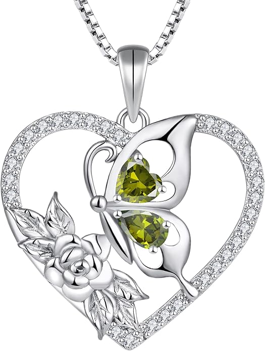 YL Women's Butterfly Necklace 925 Sterling Silver Flower Rose Pendant Birthstone Halo Jewelry