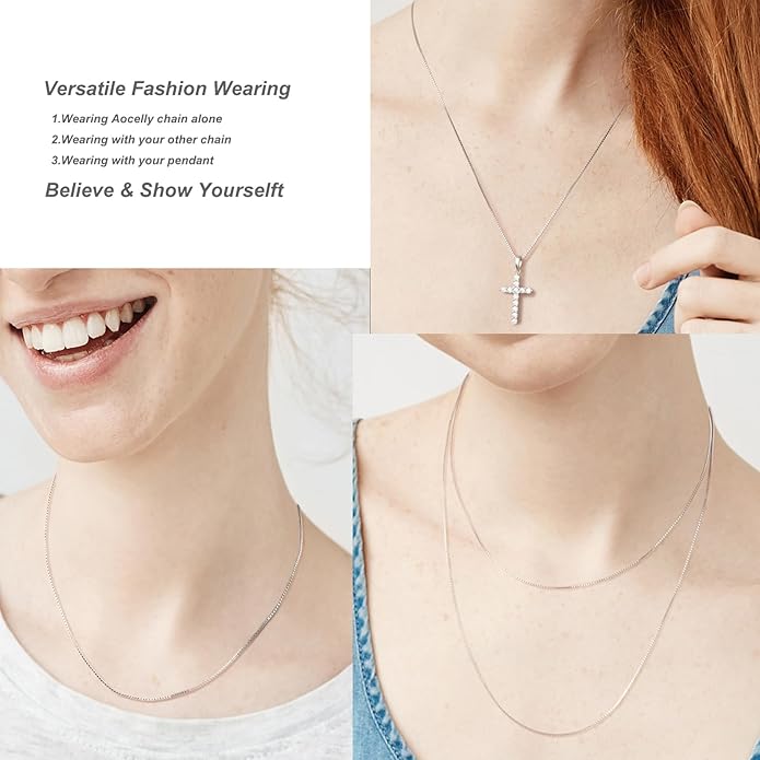 Solid Sterling Silver Necklace Box Chain 1mm,Sturdy Lobster Clasp,Classic and Premium Thin Box Chain Necklace 16-24 Inches