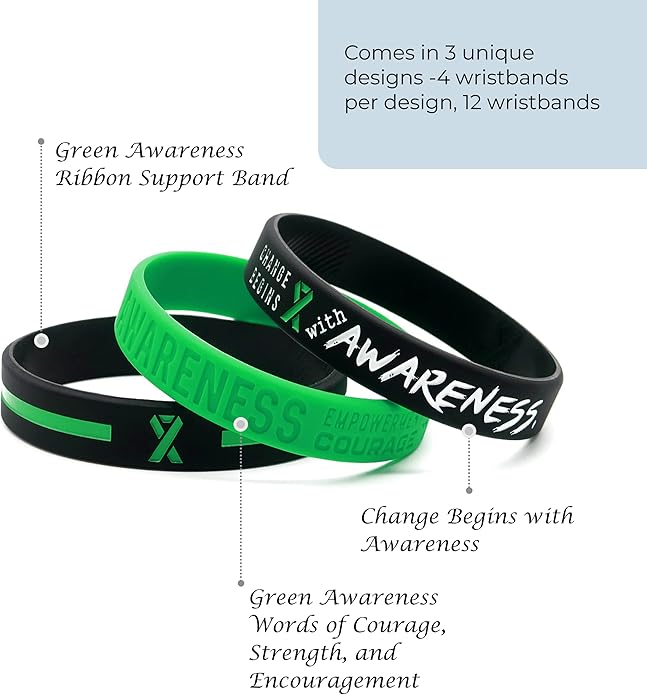 Inkstone Green Awareness Ribbon Bracelets, Variety Pack - Wholesale Pack of 12 Silicone Rubber Wristbands to Symbolize Hope, Courage, Strength, and Support - Unisex for Men Women