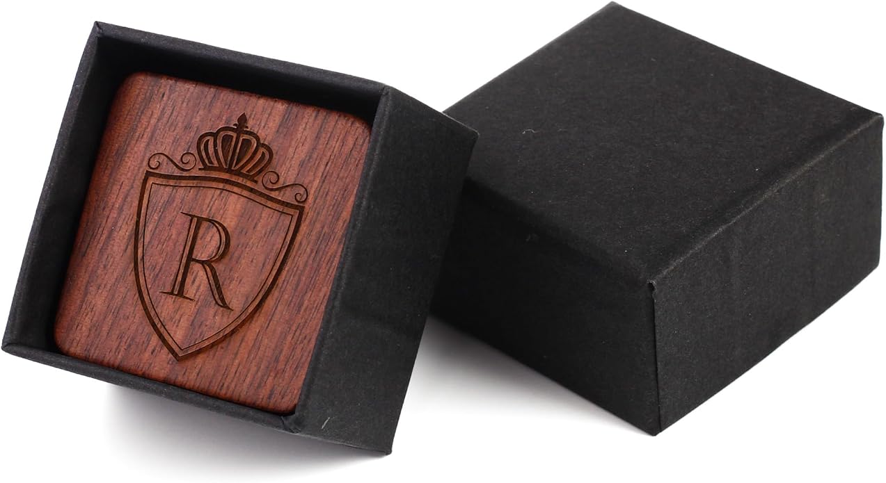 Mens Initial Silver Cufflinks A-Z Alphabet Letter Steel Cuff Links with Engraved Walnut Wood Box Groom Groomsman Wedding Set…