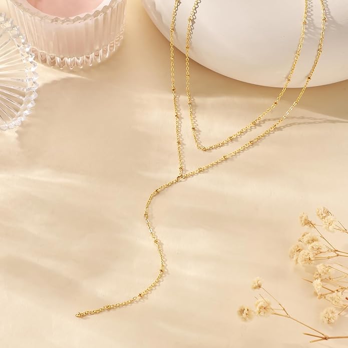 LOVELUCK Long Lariat Necklace for Women,Dainty Layered Y-Shaped Necklaces 14k Gold/Silver Plated Drop Chain Trendy Christmas Jewelry Gifts