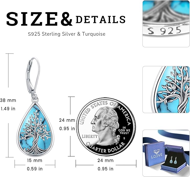 Sterling Silver Tree of Life/Flower/Bee/Animals/Cat/Hummingbird Dangle Earrings Moonstone Turquoise Drop Leverback Earrings Jewelry Gifts