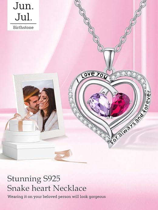 Zeuslia Double Birthstone Necklace Gifts for Wife - 925 Sterling Silver Sunflower/Rose/Crown Cross/Compass/Heart Pendant I Love You Necklace, Anniversary Birthday Gifts for Wife Girlfriend Mom Her