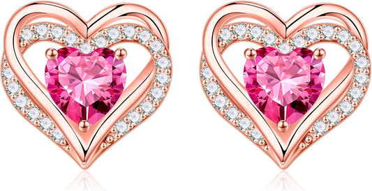 Iefil Birthstone Earrings for Women, 925 Sterling Silver Heart Stud Earrings Birthday Gifts for Women