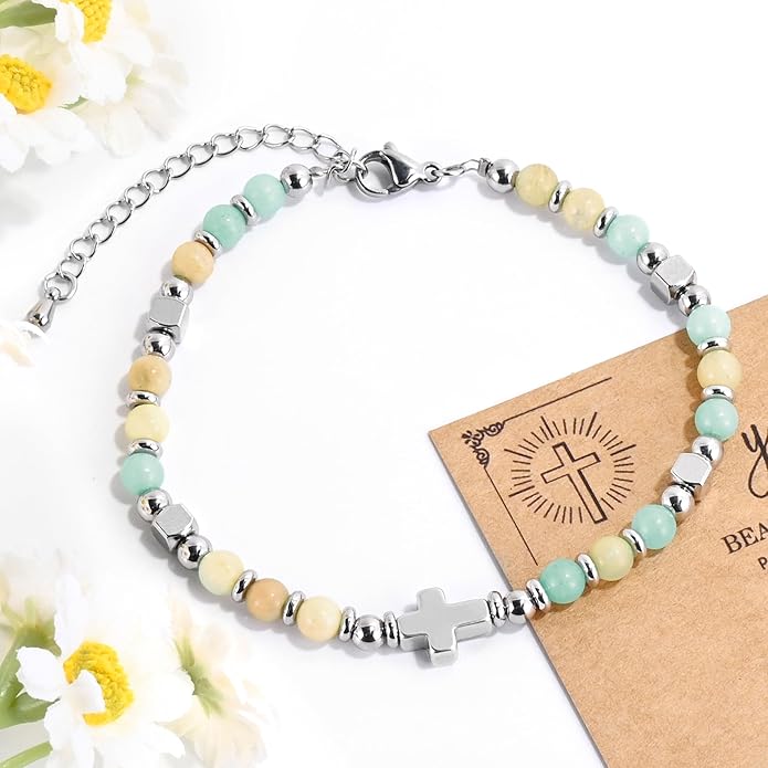 VIBILIA Cross Beaded Bracelets for Women, Inspirational Natural Heart Religious Bracelets for Women, Birthday Christian Gifts for Women on Thanksgiving Christmas Gifts