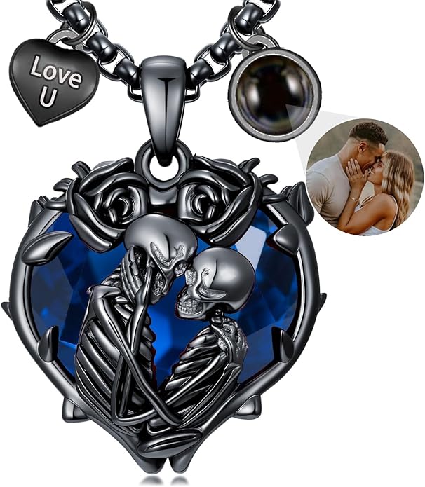 Flpruy 925 Sterling Silver Black Gothic Jewelry Gifts Skeleton Couple Pendant Crystal Birthstone Heart Necklace Punk Romantic Jewelry for Lover Men Women