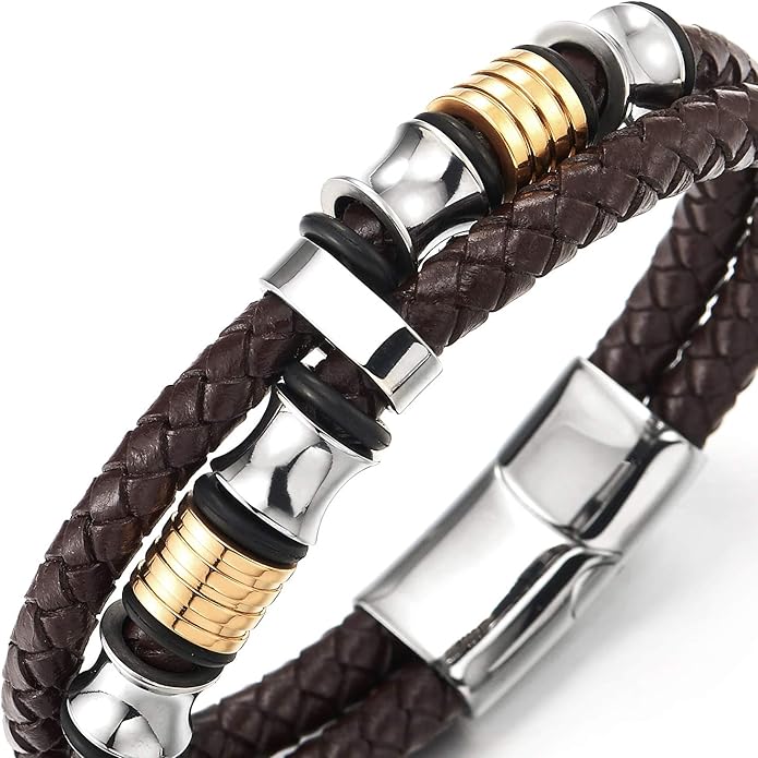 COOLSTEELANDBEYOND Mens Double-Row Braided Leather Bracelet Bangle Wristband with Stainless Steel Ornaments