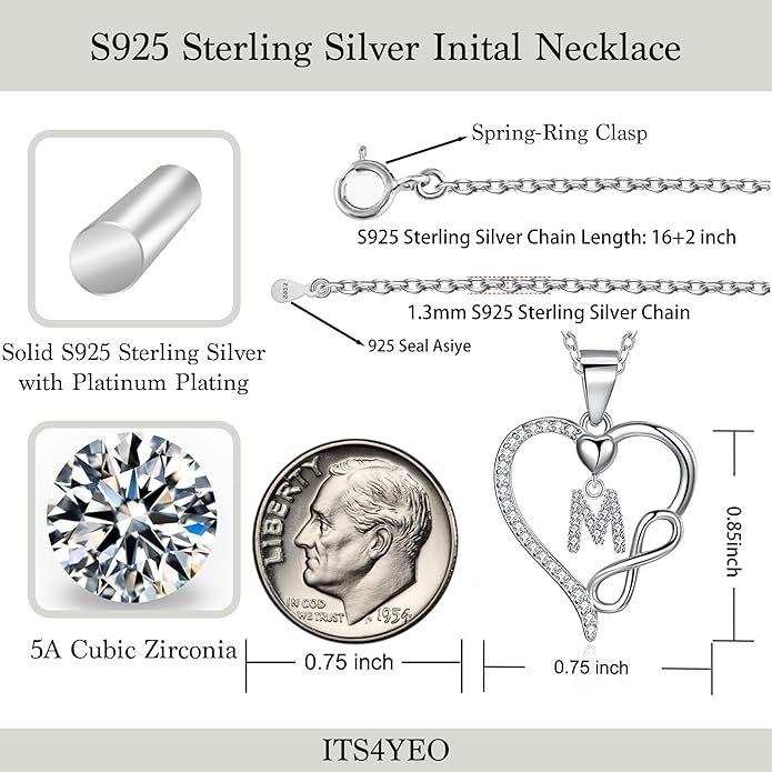 Valentines Day Gifts for Women Hers, Dainty 925 Sterling Silver Infinity Heart Initial Necklace, Letter A-Z Zircon Pendant, Jewelry Gift for Wife