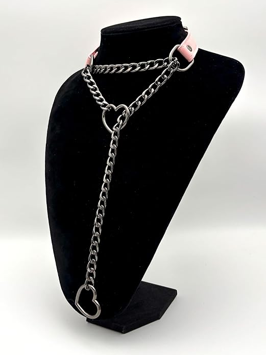 Black Leather Choker Collar For Women, Handmade Heart Slip Chain Choker Long Necklace with Adjustable Buckle