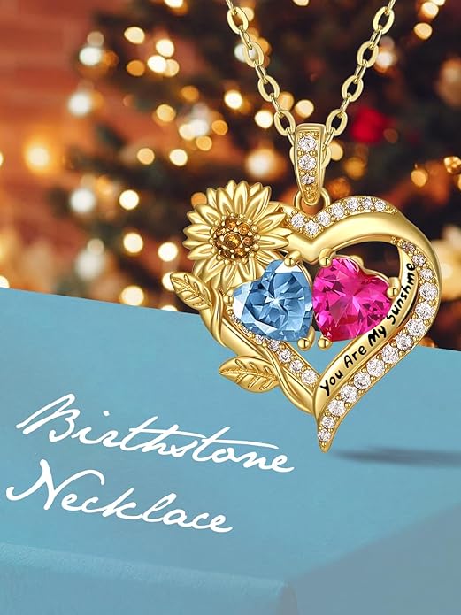 Sunflower Heart Necklace for Women 14K Gold Exquisite Anniversary Birthday Gifts for Wife Mother Her Double Birthstone Pendant jewelry‘You Are My Sunshine’